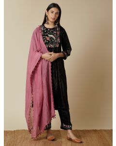 Black Embroidered Velvet Suit with Old Rose Chanderi Dupatta- Set of 3