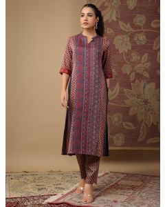 Red Blue Hand Block Printed Mul Satin Kurta with Pants - Set of 2