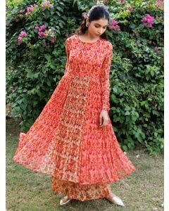 Peach Printed Chiffon Kurta with Pants - Set of 2