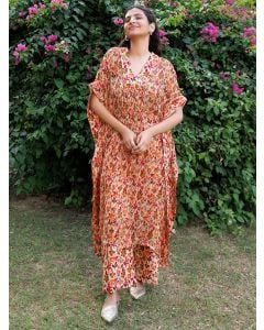 Peach Printed Chiffon Kaftan with Inner and Pants - Set of 3