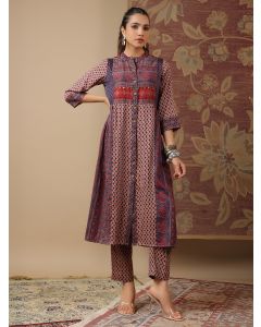 Red Blue Hand Block Printed Mul Satin Kurta with Pants - Set of 2
