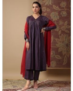 Navy Blue Printed Mul Satin Suit - Set of 3