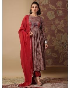 Red Blue Hand Block Printed Mul Satin Suit - Set of 4