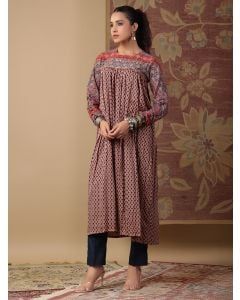 Red Blue Hand Block Printed Mul Satin Kurta with Pants - Set of 2