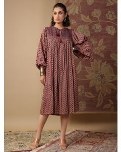 Red Blue Hand Block Printed Mul Satin Dress