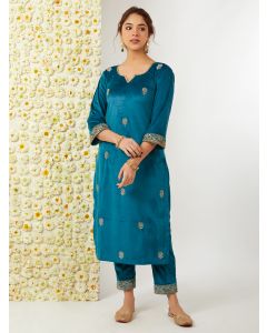 Teal Blue Hand Embroidered Velvet Kurta with Pants - Set of 2