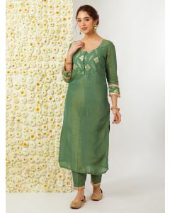 Olive Green Zari Woven Tissue Kurta with Pants - Set of 2