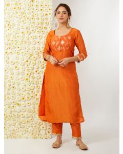 Orange Zari Woven Tissue Kurta with Pants - Set of 2