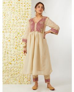 Beige Hand Embroidered Tissue Kurta with Pants - Set of 2