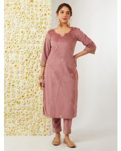 Mauve Hand Embroidered Velvet Kurta with Pants - Set of 2