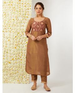 Brown Zari Woven Tissue Kurta with Pants - Set of 2