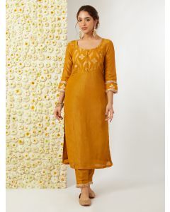 Mustard Yellow Zari Woven Tissue Kurta with Pants - Set of 2