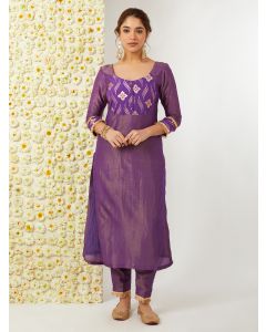 Purple Zari Woven Tissue Kurta with Pants - Set of 2