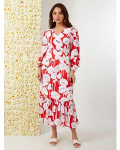 White Red Printed Cotton Slub Frilled Dress