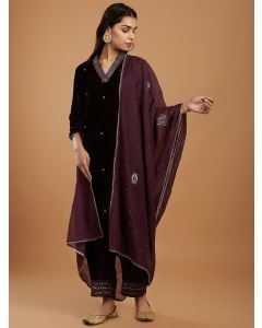 Purple Embroidered Velvet Suit with Chanderi Dupatta - Set of 3