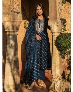 Navy Blue Gota Patti Chanderi Leheriya Kurta with Cotton Pants and Dupatta- Set of 3