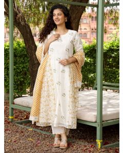 Off White Hand Block Printed Cotton Silk Suit- Set of 3