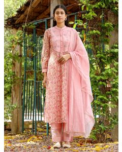 Pink Hand Block Printed Cotton Silk Suit- Set of 3