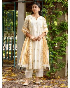 Off White Hand Block Printed Cotton Silk Suit- Set of 3