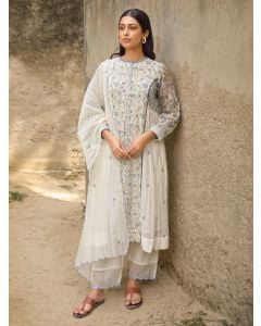 Off White Hand Block Printed Cotton Silk Suit- Set of 3