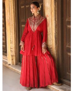 Red Hand Embroidered Silk Kurta with Sharara- Set of 2