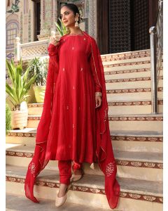 Red Hand Embroidered Silk Suit- Set of 3