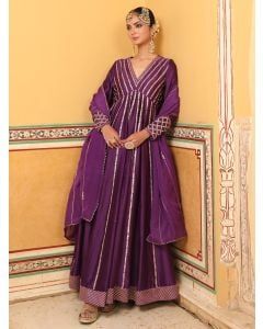 Purple Hand Embroidered Silk Kurta with Dupatta - Set of 2