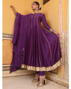 Purple Hand Embroidered Silk Kurta with Dupatta - Set of 2