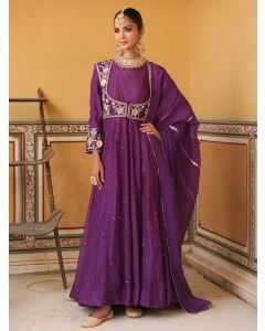 Purple Hand Embroidered Silk Kurta with Jacket and Dupatta - Set of 3