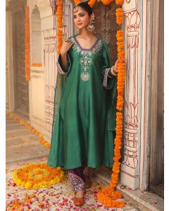 Green Hand Embroidered Silk Suit- Set of 3