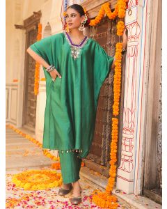 Green Hand Embroidered Silk Kaftan with Pants- Set of 2