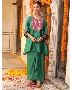 Green Hand Embroidered Silk Kaftan with Dhoti Pants- Set of 2