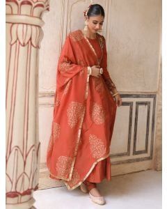Orange Hand Embroidered Silk Kurta with Jacket and Dupatta - Set of 3
