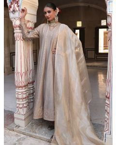 Grey Hand Embroidered Silk Kurta with Dupatta - Set of 2