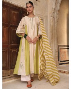 Ivory Green Hand Embroidered Silk Suit- Set of 3