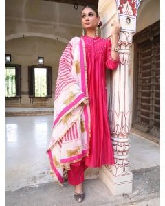 Pink Hand Embroidered Silk Suit- Set of 3