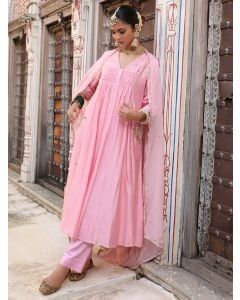 Pink Hand Embroidered Silk Suit- Set of 3