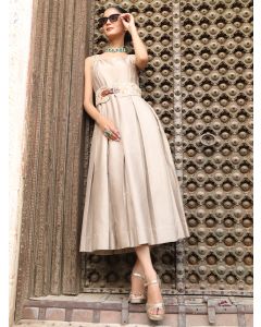 Grey Hand Embroidered Silk Dress with Belt- Set of 2