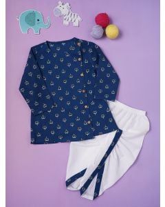 Blue Bagru Hand Block Printed Cotton Kurta with Dhoti Pants- Set of 2