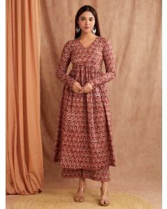 Brown Hand Block Printed Mulmul Kurta with Palazzo- Set of 2