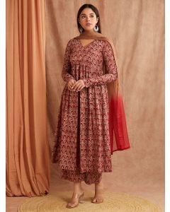 Brown Hand Block Printed Mulmul Suit- Set of 3