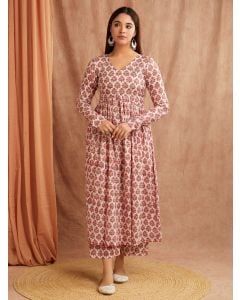 White Pink Hand Block Printed Mulmul Kurta with Palazzo- Set of 2