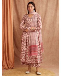 White Pink Hand Block Printed Mulmul Suit- Set of 3