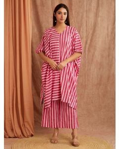 Pink White Striped Hand Block Printed Cotton Kaftan with Pants- Set of 2