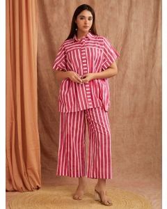 Pink White Striped Hand Block Printed Cotton Shirt