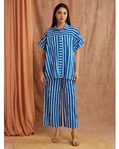 Blue White Striped Hand Block Printed Cotton Shirt