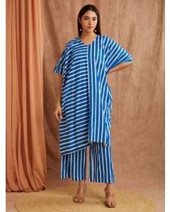 Blue White Striped Hand Block Printed Cotton Kaftan with Pants- Set of 2