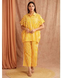 Yellow White Striped Hand Block Printed Cotton Shirt