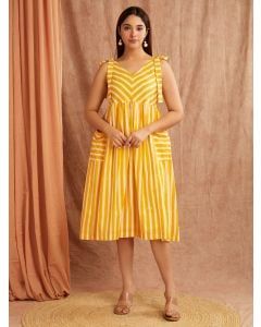 Yellow White Striped Hand Block Printed Cotton Dress