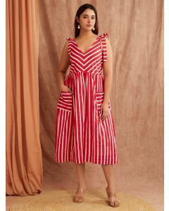 Red White Striped Hand Block Printed Cotton Dress